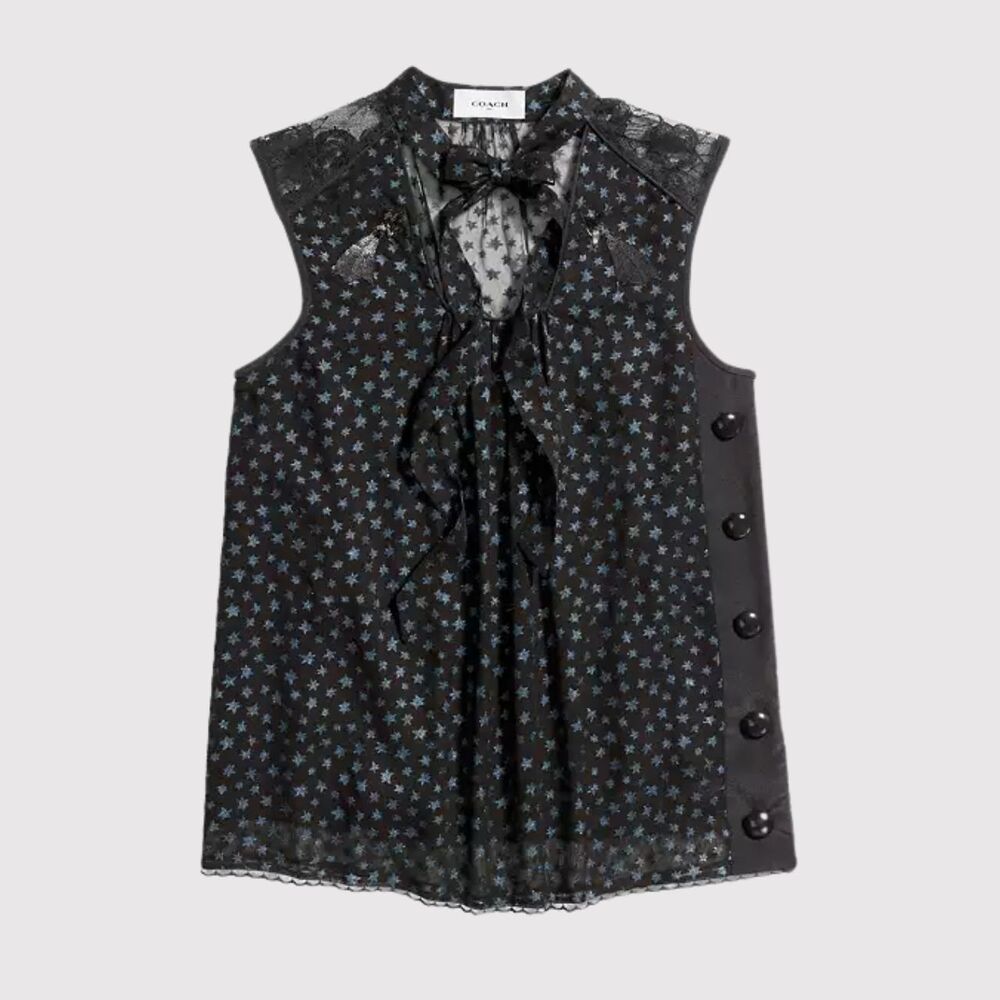 Coach Womens Top Black Star Print Sleeveless Tie Neck Blouse Silk Sheer Size 0